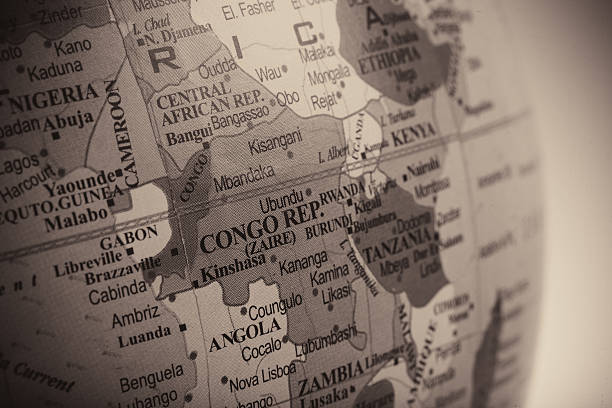 Map of Congo Republic and its Neighbours Map of countries on an old dusty globe against a white-isolated backdrop. kinshasa stock pictures, royalty-free photos & images