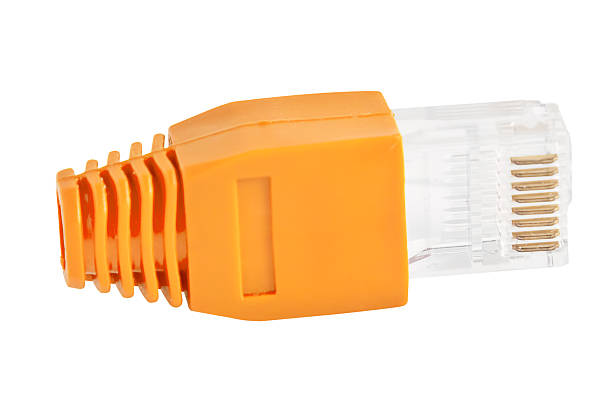 spina rj45-singolo arancione (vista laterale) - network connection plug rj45 cable bandwidth foto e immagini stock