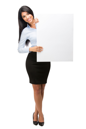 Business woman holding a blank sign full body