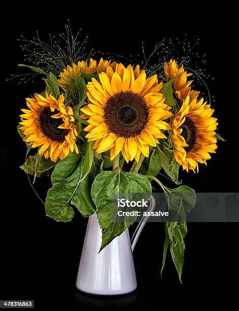 Bouquet De Flores De Cinco Sunflowers Isolado No Preto - Fotografias de stock e mais imagens de Girassol