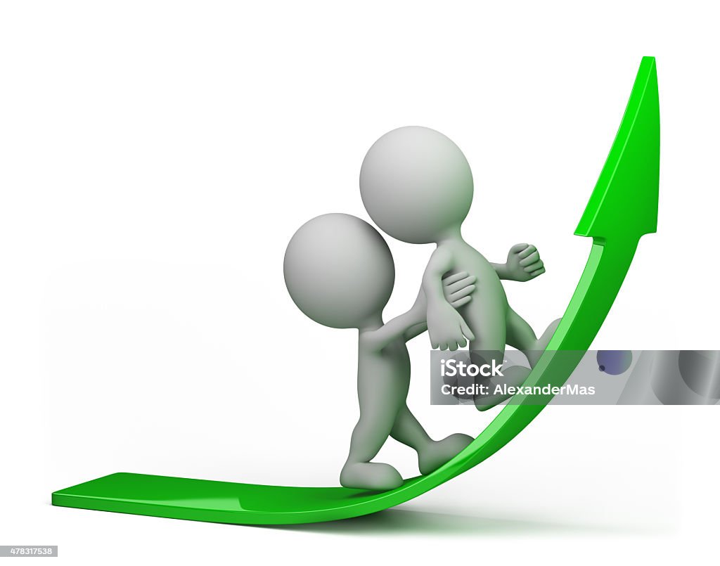 3d person - promotion one person helps another to climb up on the green arrow. 3d image. White background. 2015 Stock Photo