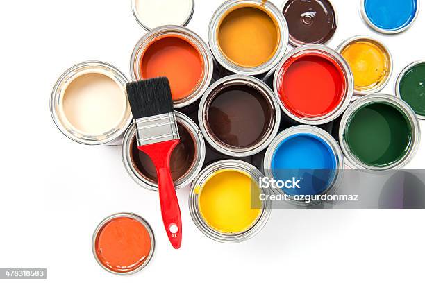Pennello Di Vernice Colorata Vernici - Fotografie stock e altre immagini di Vernice - Vernice, Barattolo di alluminio, Barattolo di vernice