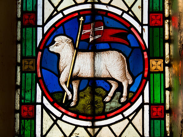 A representation of the 'Lamb of God' in stained glass. From a window in an an old parish  church on the Isle of Man, G.B.