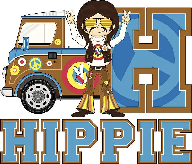 Vector illustration of Cute Hippie & Van Learning Letter H