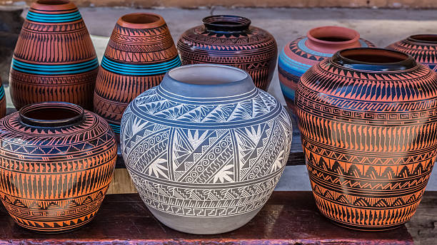 Clay Pots, Santa Fe, New Mexico Native American pottery, Santa Fe, New Mexico tribal art photos stock pictures, royalty-free photos & images