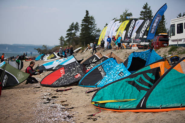 Kiteboard Kites At The Longue-Rive Wind Festival stock photo