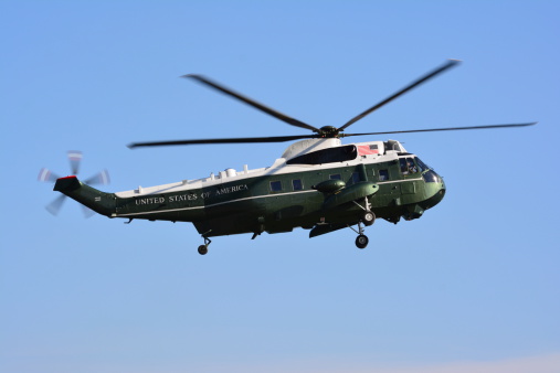 New York City, USA - March 8 2014: Presidential helicopter Marine One landing in Lower Manhattan on March 8, 2014.
