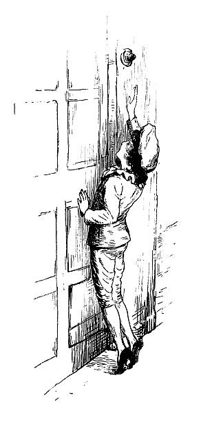 wiktoriański mały chłopiec stara się dotrzeć do drzwi-bell - old fashioned bell doorbell drawing stock illustrations