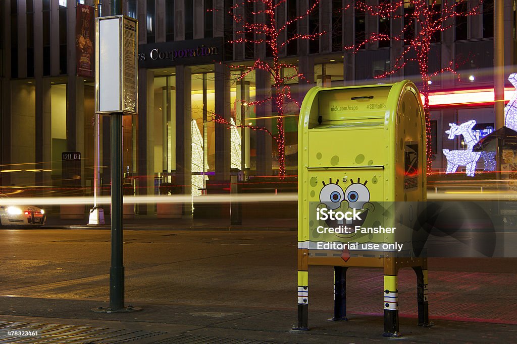 SpongeBob SquarePants Mailbox New York City, New York, USA – December 13, 2013: Mailbox near Rockefeller Center painted like SpongeBob SquarePants. SpongeBob SquarePants - Fictional Character Stock Photo