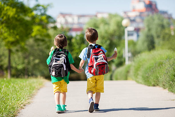 istock Two adorable boys in colorful clothes and backpacks, walking awa 478330146
