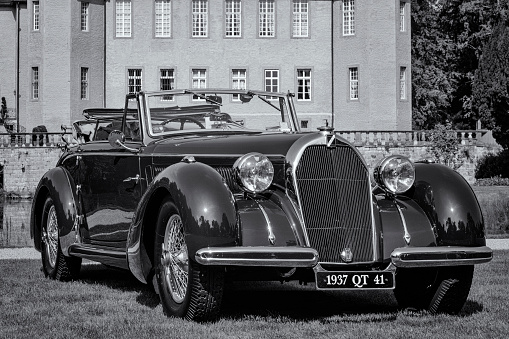 Jüchen, Germany - August 1, 2014: 1937 Talbot Lago T150 C Cabriolet D'Usine classic car on display during the 2014 Classic Days event at Schloss Dyck,