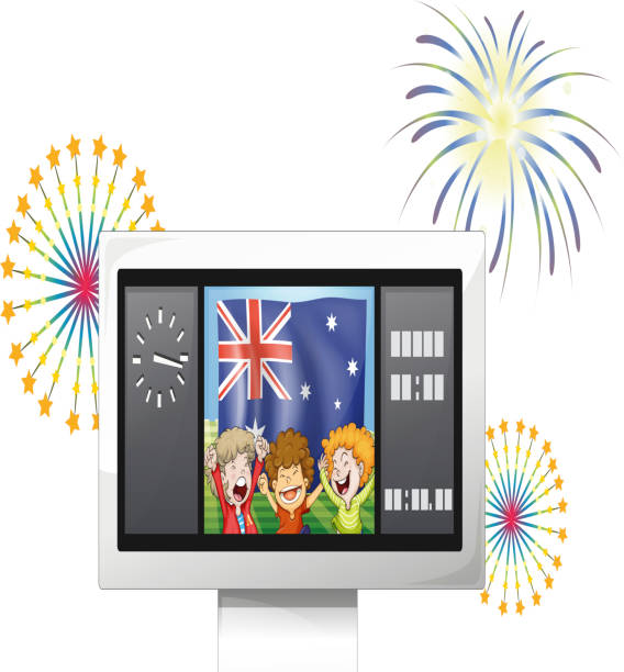 доска с флаг австралии и три счастливый ребенок - timeboard stock illustrations