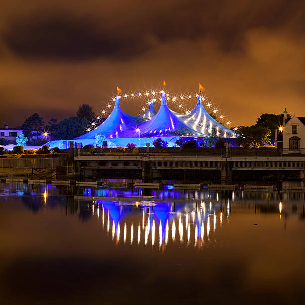 Blue and white striped marquee in park