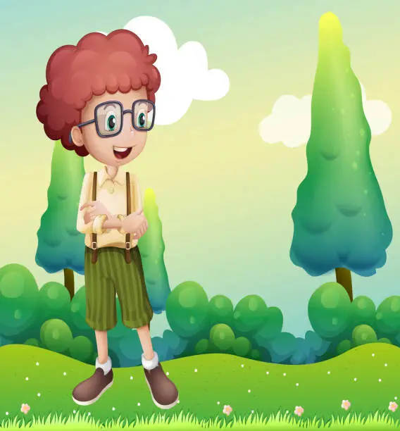 Vector illustration of Curly boy standing at the hilltop