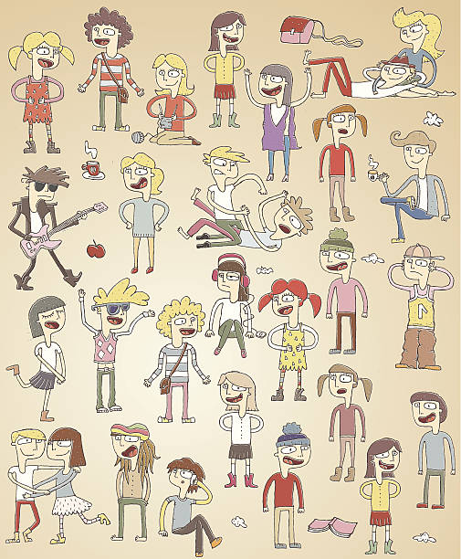 Set of funny singing teenagers vector art illustration