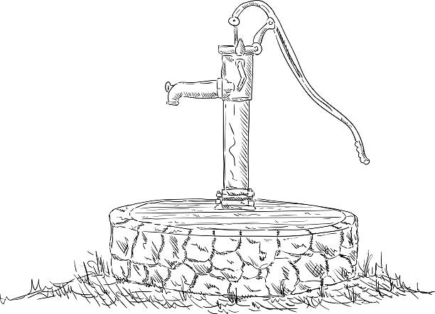 old water pump vector - old water pump - isolated on background old water well drawing stock illustrations