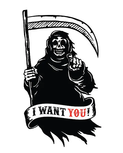 Vector illustration of Grim reaper scythe death pointing finger, I want you dead!