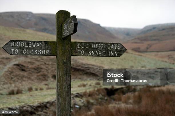 Footpath Sign On Bleaklow In The Peak District Stock Photo - Download Image Now - Glossop, Beauty In Nature, Boundary