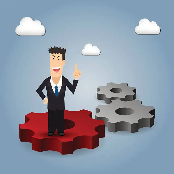 Vector illustration of Business man standing on gears on blue background with clouds