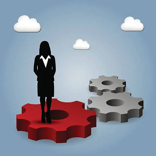 Vector illustration of Business woman standing on gear on blue background with clouds