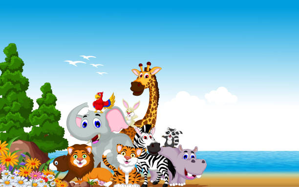 ilustraciones, imágenes clip art, dibujos animados e iconos de stock de colección de dibujos animados de animales con fondo a la playa - monkey baboon elephant ape
