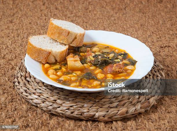 Chickpea And Spinach Stew Spanish Cuisine Stock Photo - Download Image Now - Chick-Pea, Chorizo, Stew
