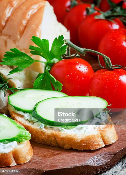 Bruschetta With White Sauce And Cucumber Stock Photo - Download Image Now - 2015, Antipasto, Appetizer