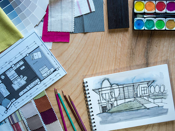 istock Architecture hand-drawn illustration and material sample on wooden table top 478360994