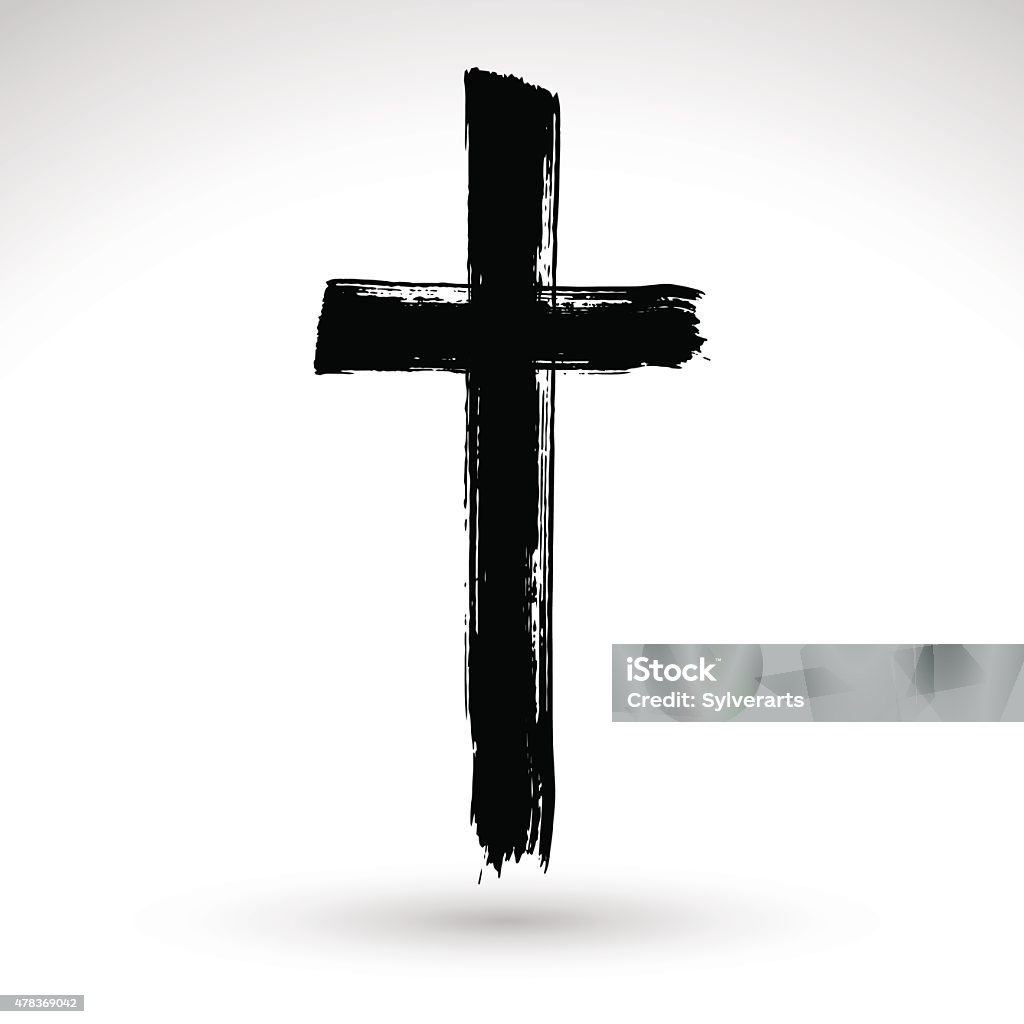 Hand drawn black grunge cross icon, simple Christian cross sign, Hand drawn black grunge cross icon, simple Christian cross sign, hand-painted cross symbol created with real ink brush isolated on white background. Cross Shape stock vector