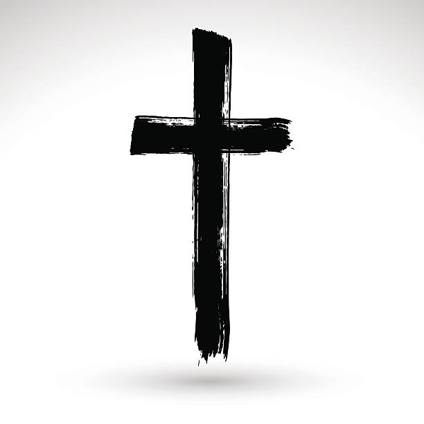 Hand drawn black grunge cross icon, simple Christian cross sign, Hand drawn black grunge cross icon, simple Christian cross sign, hand-painted cross symbol created with real ink brush isolated on white background. cross stock illustrations