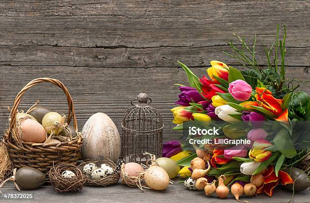 Easter Decoration With Eggs And Tulip Flowers Stock Photo - Download Image Now - Flower, Birdcage, Shabby Chic