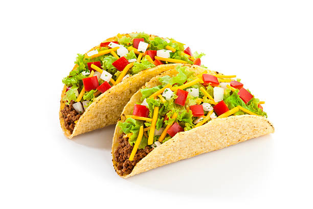 Mexican Tacos Two Beef Tacos Isolated on White Background tacos stock pictures, royalty-free photos & images