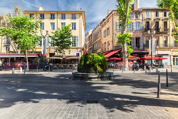 Mossy fountain on the Cours Mirabeau in Aix en Provence stock photo