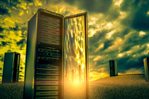 Network servers in  sunset,3D rendering high quality.