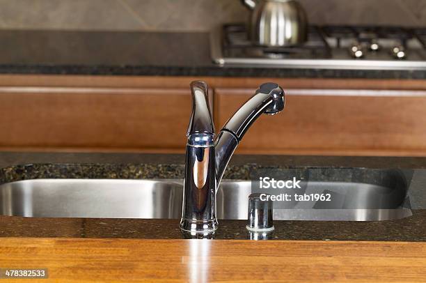 Chrome Kitchen Sink Faucet Stock Photo - Download Image Now - Cherry Wood, Chrome, Domestic Kitchen