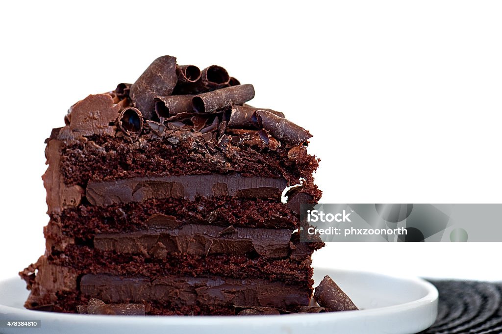 Slice of Chocolate Cake on White Plate Slice of Chocolate Cake on White Plate Isolated on White Chocolate Cake Stock Photo