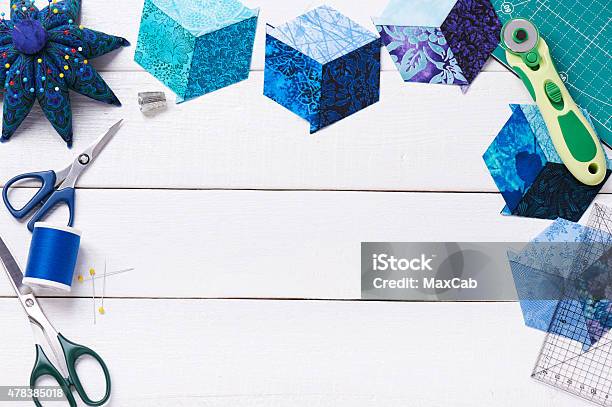 Accessories For Patchwork Top View Stock Photo - Download Image Now - 2015, Art And Craft, Attached