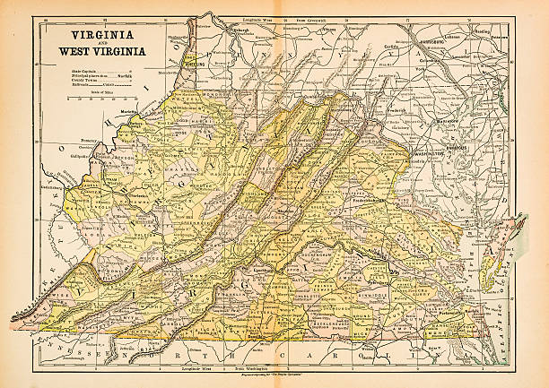 ilustrações, clipart, desenhos animados e ícones de mapa da virgínia e o oeste da virgínia 1883 - norfolk