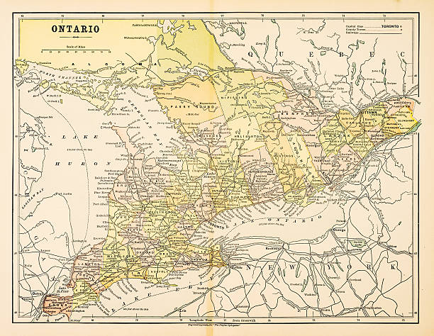 illustrazioni stock, clip art, cartoni animati e icone di tendenza di mappa di ontario 1883 - north map direction old