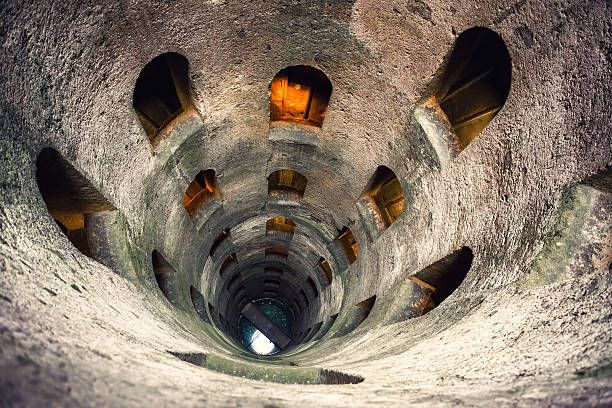 Old Well View from the top to the bottom on the old well in Orvieto (Umbria, Italy). St. Patrick's Well (The Pozzo di San Patrizio) was built between 1527 and 1537 by Pope Clement VII. orvieto stock pictures, royalty-free photos & images
