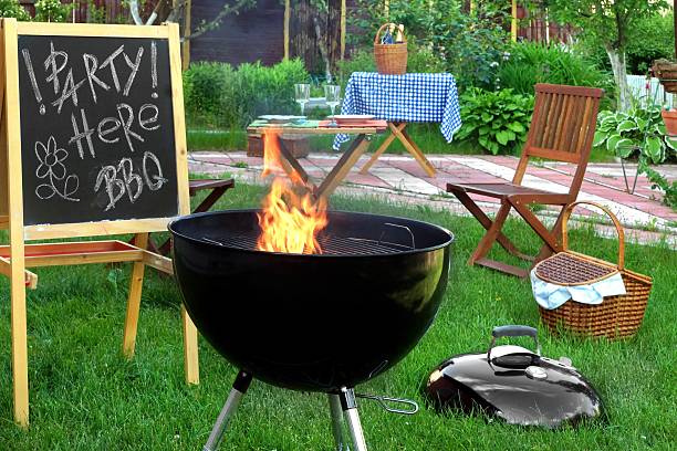 summer backyard bbq grill de cena - outdoor fire - fotografias e filmes do acervo