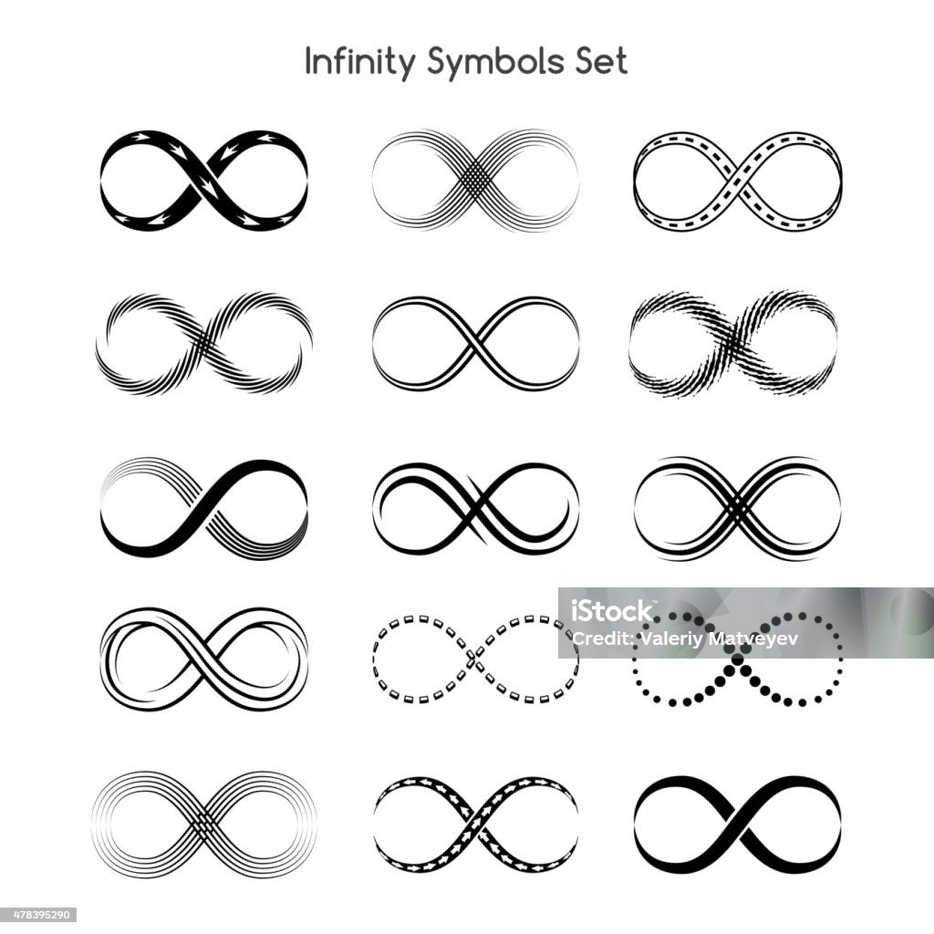 Set of infinity symbols Set of infinity symbols. Eternity and infinite, arrow and stripe, black eight, endless loop. Vector illustration 2015 stock vector