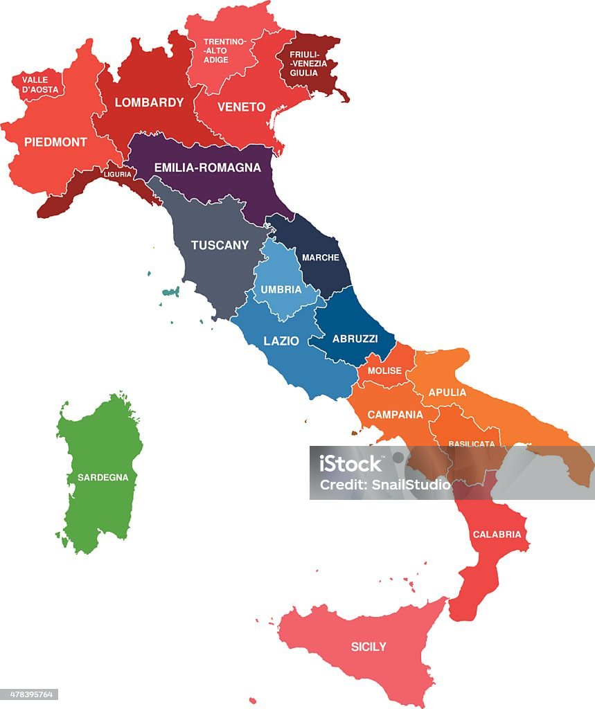 Regions map of Italy. Mappa delle regioni Italia Regions map of Italy Italy stock vector