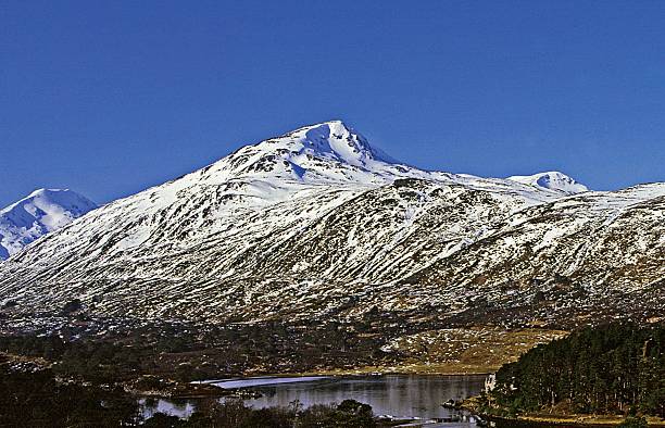 Glen Affric Inverness-shire Scotland The snow-covered peaks of Mam Sodhail and Sgurr Na Lapaich appear above Loch Affric in this view from the southern shore. drumnadrochit stock pictures, royalty-free photos & images