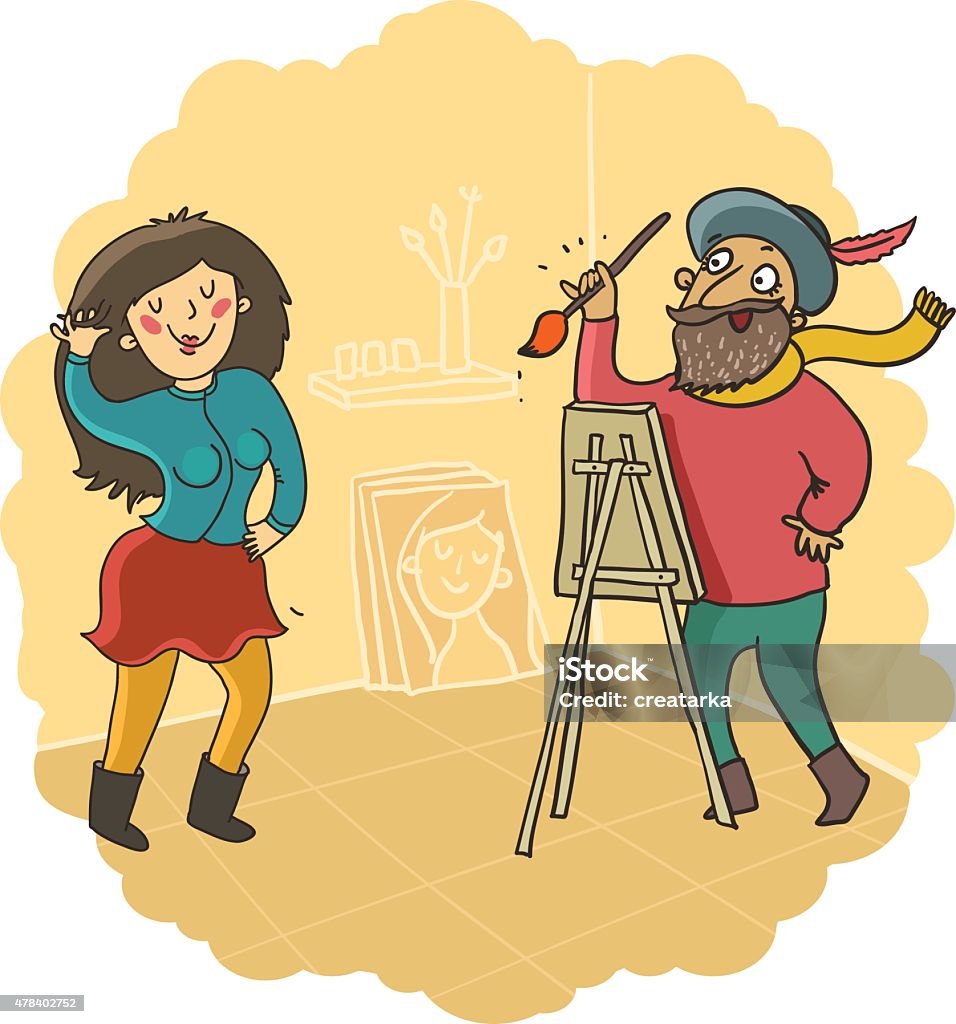 Funny girl posing to painter artist Funny girl posing to painter artist. Painter and model. Vector colorful cartoonish illustration 2015 stock vector
