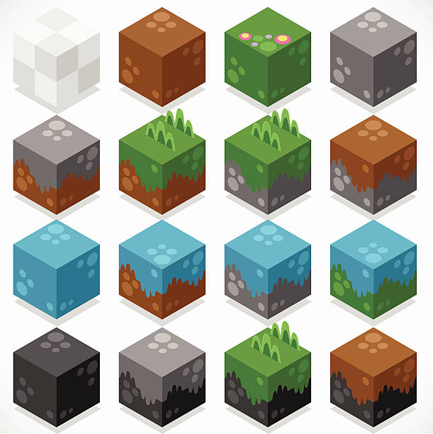 Textured Cubes Mine Elements Builder Craft Kit 3D Flat Isometric Cubes Starter Kit Ground Water Iron Coal Grass Elements Icon Mega Set Collection for Builder Craft. Build Your Own World. craft kit stock illustrations