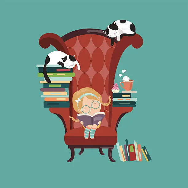 Vector illustration of Little girl reading a book