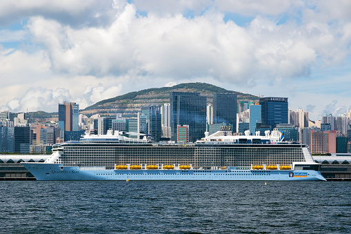 Hong Kong, Hong Kong SAR - June 20 2015: Newest Royal Caribbean Cruise Ship quantum of the Seas, docked in Kai Tak Cruise terminal Hong Kong. This cruise ship first came to Hong kong in June 20 2015.