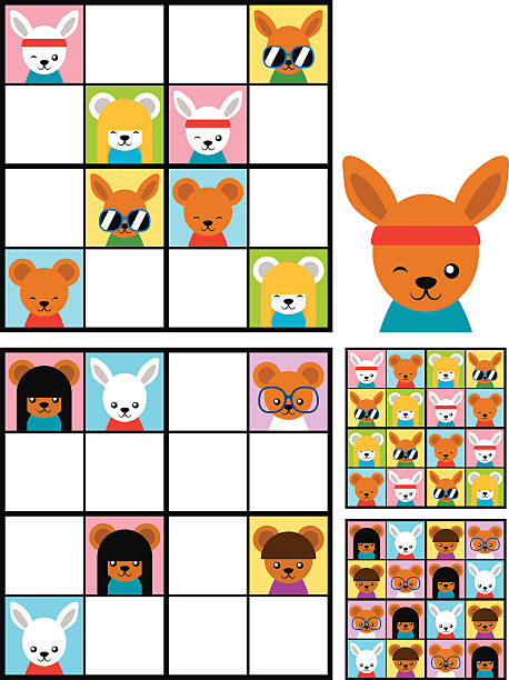 bildbanksillustrationer, clip art samt tecknat material och ikoner med kids sudoku puzzle with cartoon animal heads - sudoku