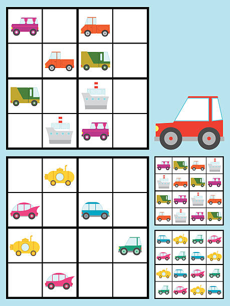 Kids sudoku puzzle with cars automobiles Recreational game for kids with a sudoku puzzle with colorful cars automobiles to fill the grid in two variations with answers, vector design sudoku variants stock illustrations
